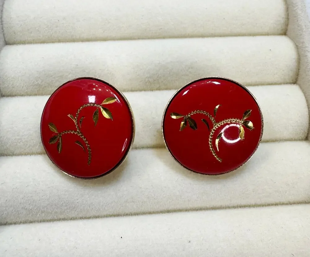 Vintage Red Enamel Gold Leaf Clip On Earrings Round 3/4